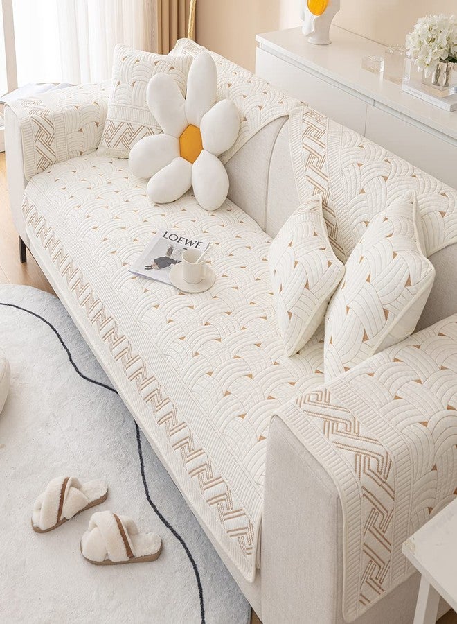 XSlive Farmhouse Cotton Quilted Sofa Cover Weave Pattern Embroidery Sectional Couch Cover Soft Nonslip Sofa Slipcover Furniture Protector Cover for Pets Kids Children Dog Cat (Ivory,28"x28") - Image 5